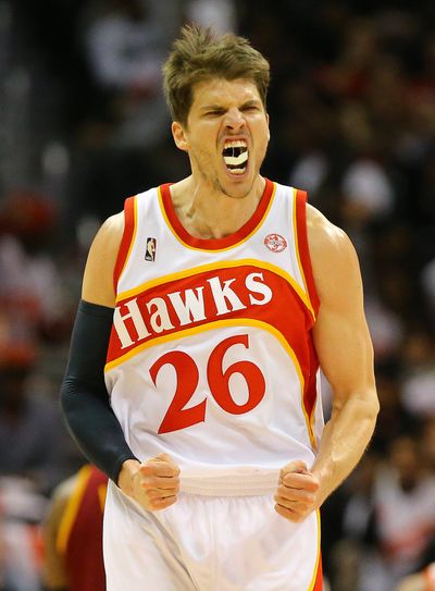 Hawks guard Kyle Korver gets all fired up in Atlanta’s victory. (Associated Press)