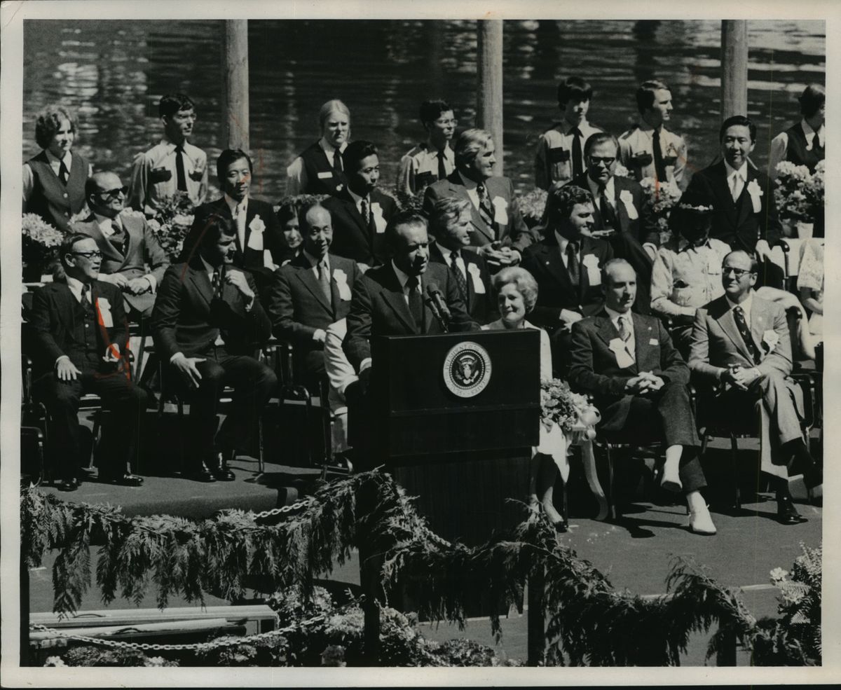 President Richard Nixon addresses a gathering at opening of Expo 