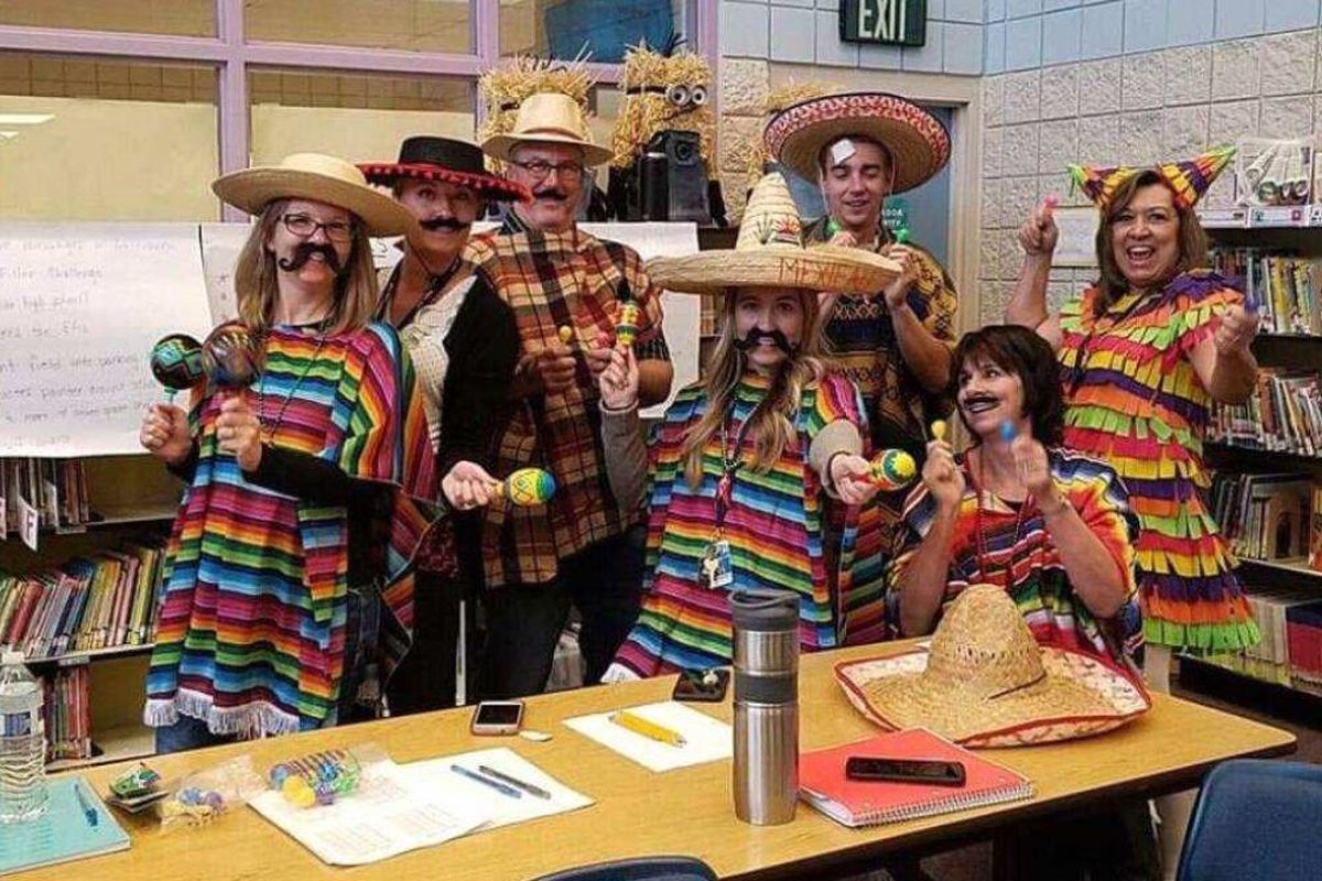 A group of Middleton teachers dressed up as pinatas, with sombreros, mustaches and maracas during class on Halloween. (Courtesy Idaho Press)