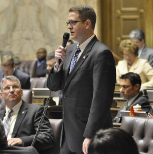 OLYMPIA -- Rep. Matt Shea, R-Spokane Valley, offers an amendment to change a bill that would ban aversion therapy as a practice to convince gay youth to become heterosexual. The amendment was defeated and the bill passed despite GOP opposition. (Jim Camden)
