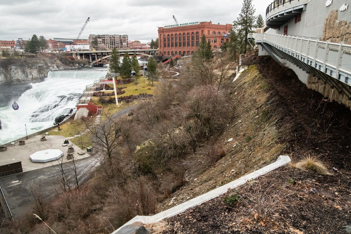 The view from the lower ramp of the Place of Truth Plaza is seen on Thursday, Feb. 4, 2021, where the future South Gorge trail extension will connect. The final piece will snake under the Monroe Street bridge.  (Libby Kamrowski/The Spokesman-Review)