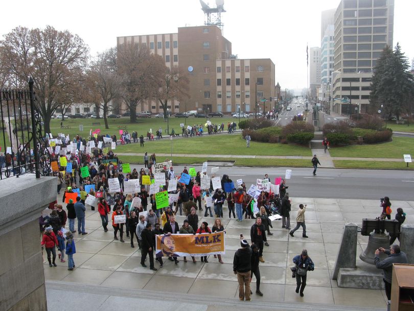 More than 300 people marched from Boise State University to the Capitol on Monday as part of Martin Luther King Jr./Idaho Human Rights Day commemorations (Betsy Russell)