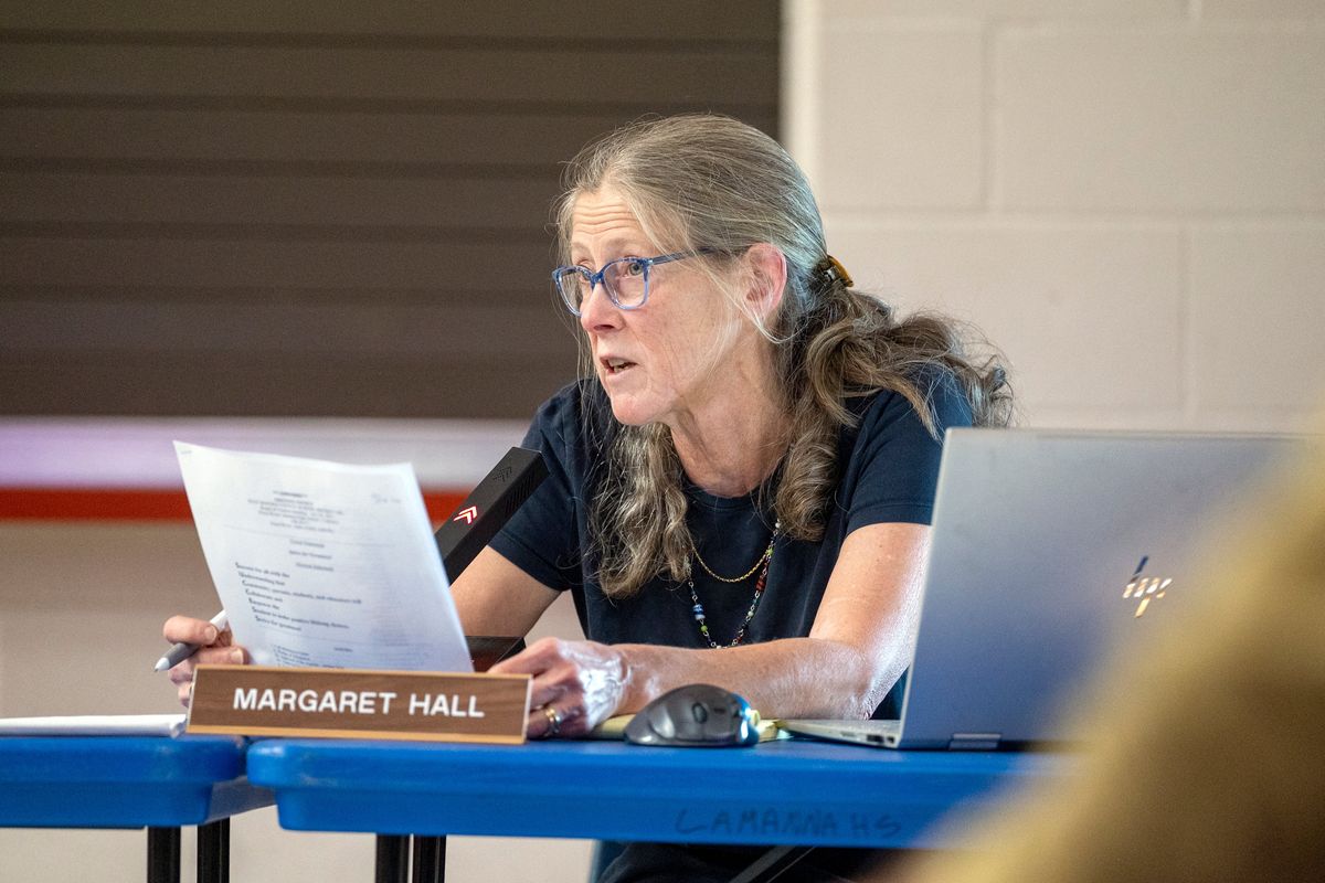 Board member Margaret Hall speaks during a meeting of the West Bonner County School District Wednesday, July 26, 2023, during the public comment period of the meeting at Priest River High School in Priest River, Idaho.  (Jesse Tinsley/The Spokesman-Review)