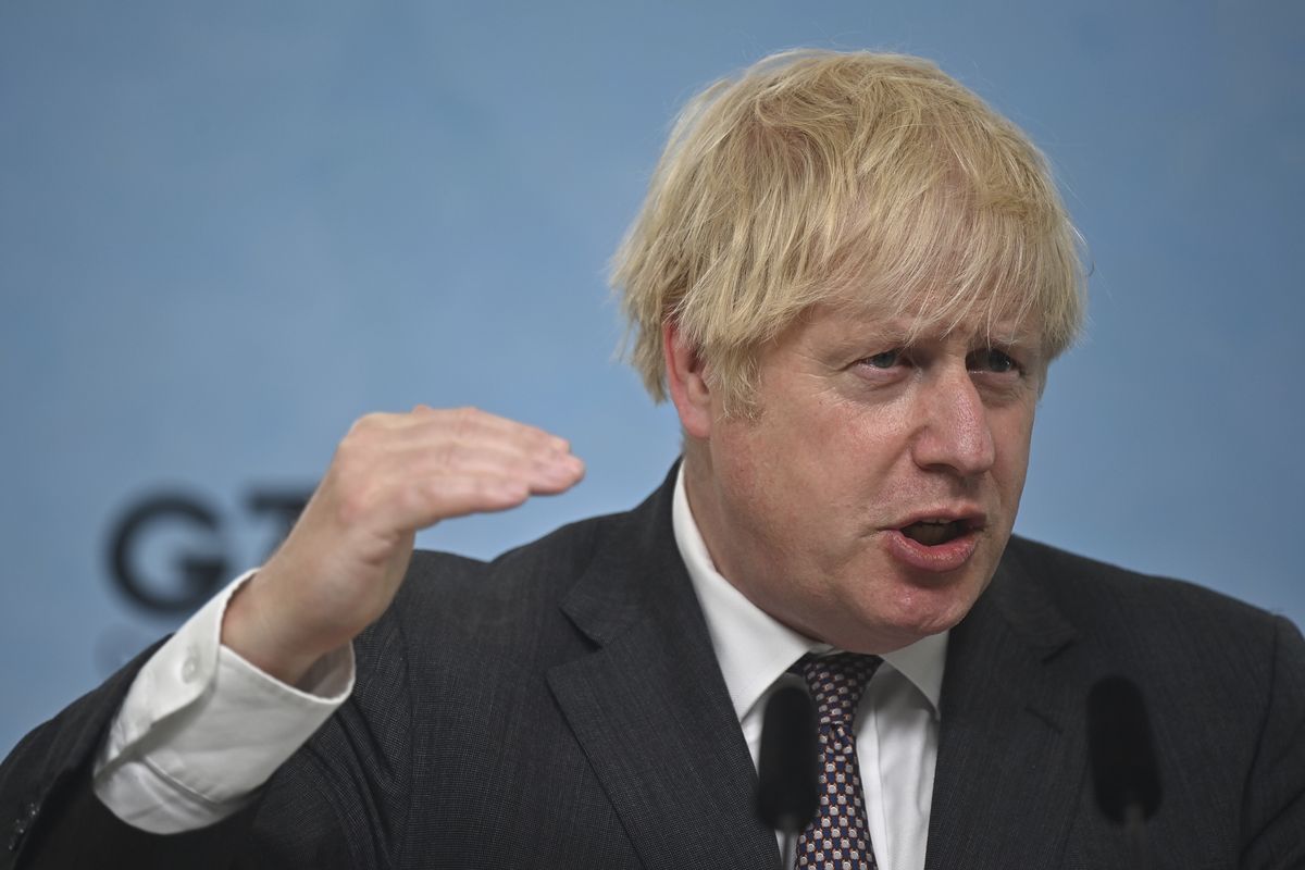 Britain’s Prime Minister Boris Johnson gestures Sunday during a news conference on the final day of the G-7 summit in Carbis Bay, Cornwall, England.  (Ben Stansall)