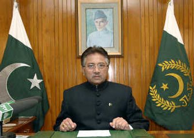 President Pervez Musharraf makes his announcemenmt during a nationally televised address Saturday from Islamabad. Associated Press
(Associated Press / The Spokesman-Review)