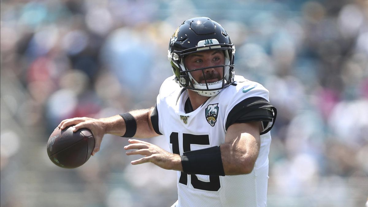 Jacksonville Jaguars quarterback Gardner Minshew (15) throws a pass during an NFL football game against the Kansas City Chiefs, Sunday, Sept. 8, 2019, in Jacksonville, Fla. The Chiefs defeated the Jaguars 40-26. (Perry Knotts / AP)