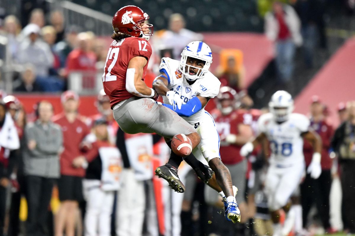 Air Force Falcons defensive back Zane Lewis (6) breaks up a pass intended for Washington State Cougars wide receiver Dezmon Patmon (12) during the second half of the Cheez-It Bowl on Friday, December 27, 2019, at Chase Field in Phoenix, Ariz. Air Force won the game 31-21. (Tyler Tjomsland / The Spokesman-Review)