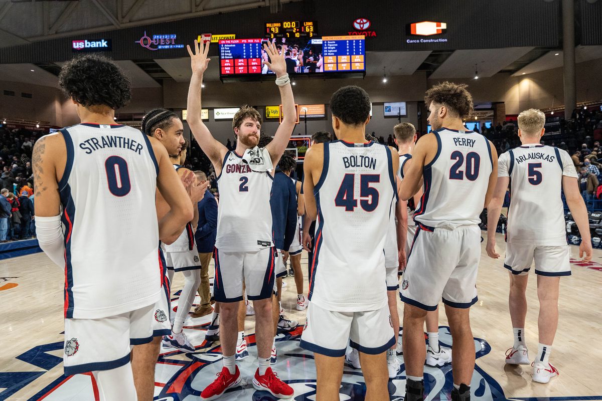 Gonzaga forward Drew Timme (2) raises his arms to the crowd after the Zags defeated North Alabama 93-63 during a NCAA college basketball game, Tuesday, Dec. 28, 2021, in the McCarthey Athletic Center.  (COLIN MULVANY/THE SPOKESMAN-REVIEW)