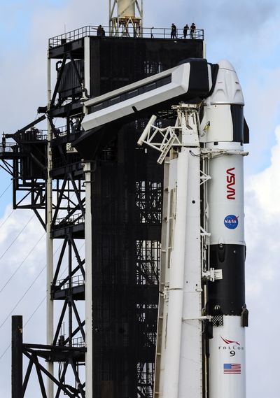 CAPE CANAVERAL, FLORIDA – OCTOBER 04: SpaceX’s Falcon 9 rocket with the Dragon spacecraft atop is seen as Space X and NASA prepare for the launch of the Crew-5 mission, on October 04, 2022 in Cape Canaveral, Florida. Crew-5 is scheduled to launch Wednesday, October 5 and will carry a four-person crew to the International Space Station. (Photo by Kevin Dietsch/Getty Images)  (Kevin Dietsch)
