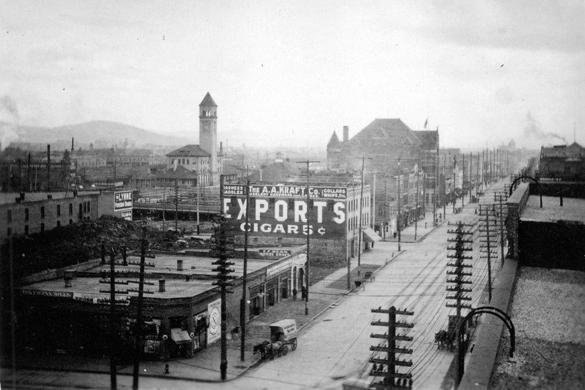 Circa 1910: Front Street, or Front Avenue, was the wide, unpaved street that faced the railroad depots and industrial areas around the Spokane River downtown. It was named by city founder James Glover. In 1912, the name was changed to Trent Avenue because Trent was an important east-west arterial outside the city limits, and landowners wanted the name to be consistent from the city limits to the downtown area.  (Northwest Room/Spokane Public Library)