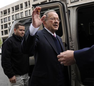 Former Alaska Sen. Ted Stevens waves as he leaves federal court in Washington, D.C., on Tuesday.  (Associated Press / The Spokesman-Review)