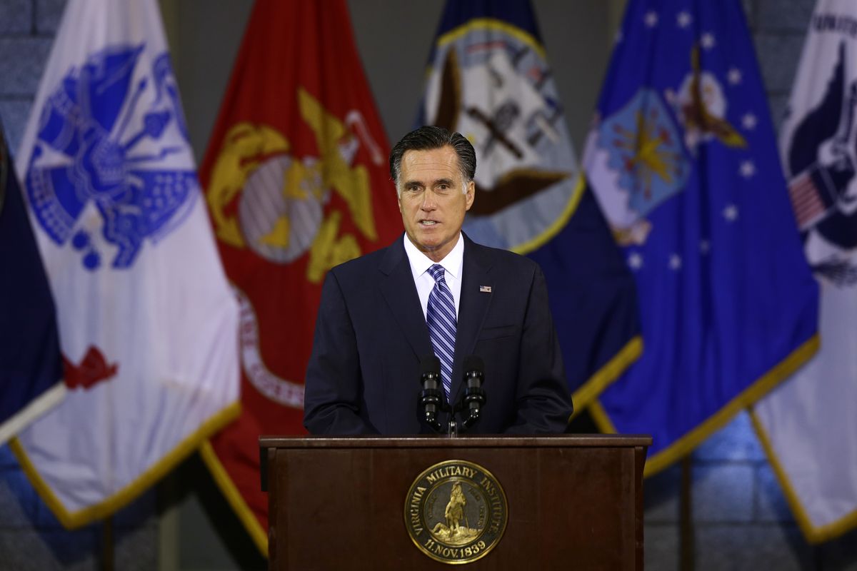 Republican presidential candidate, former Massachusetts Gov. Mitt Romney delivers a foreign policy speech at Virginia Military Institute (VMI) in Lexington, Va., Monday, Oct. 8, 2012. (Charles Dharapak / Associated Press)