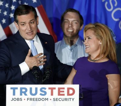 Republican presidential candidate Sen. Ted Cruz, R-Texas, speaks as his wife Heidi listens during a primary night campaign event, Tuesday, April 5, 2016, in Milwaukee. (AP Photo/Paul Sancya)