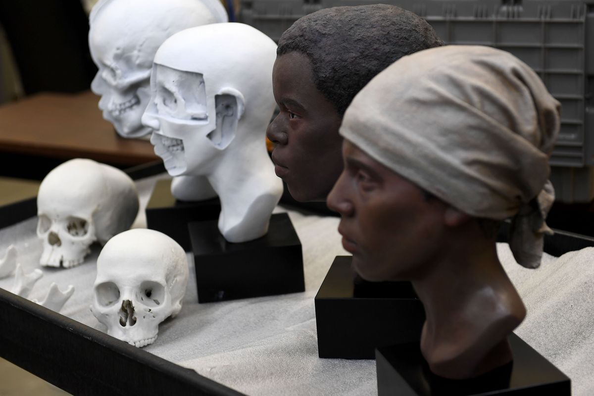 Facial reconstructions of enslaved African Americans who worked at Catoctin Furnace in the late 1700s or early 1800s, a boy of 15 or 16 and a woman in her 30s, at the Smithsonian’s National Museum of Natural History in 2020. (Katherine Frey/The Washington Post)