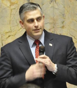 OLYMPIA -- Sen. Mike Baumgartner, R-Spokane, speaks in support of a bill that would give WSU the authority to start a new medical school in Spokane on March 10, 2015. (Jim Camden)