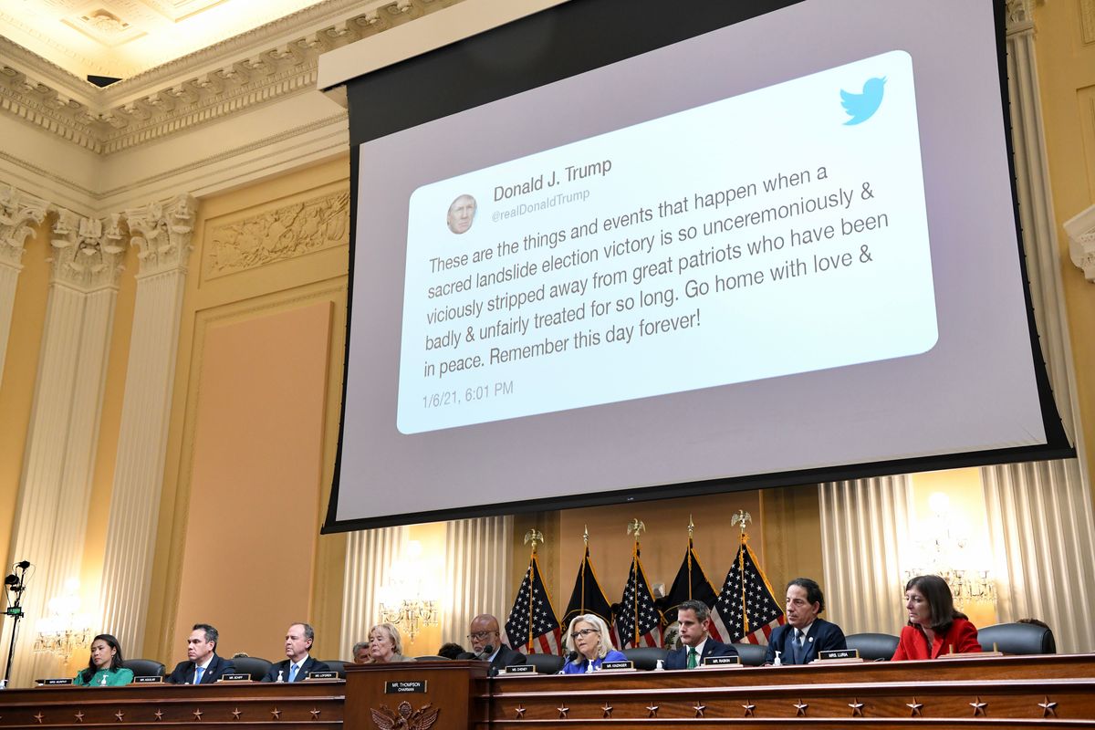 A Tweet President Donald Trump sent hours after a mob he incited stormed the Capitol is shown during the first public hearing of the House Select Committee to Investigate the January 6th Attack, on Capitol Hill in Washington on Thursday, June 9, 2022. “He did not condemn the attack,” Cheney said of Trump’s first public statement that evening. “Instead, he justified it.”  (Kenny Holston/New York Times)