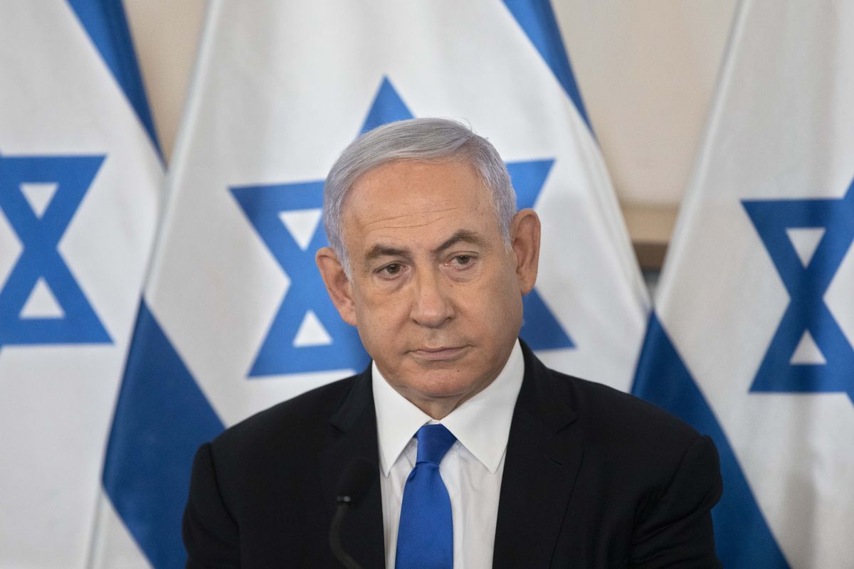 Israeli Prime Minister Benjamin Netanyahu looks on during a briefing to ambassadors to Israel at the Hakirya military base in Tel Aviv, Israel, Wednesday, May 19, 2021.  (Sebastian Scheiner)