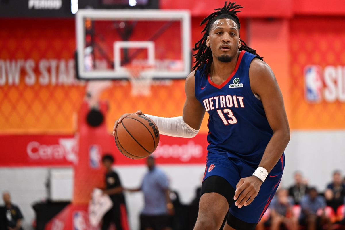 Pistons forward Isaac Jones drives the ball during a Summer League matchup against the Knicks on Monday in Las Vegas.  (Tyler Tjomsland / The Spokesman-Review)