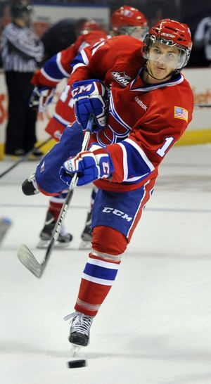 Spokane Chiefs' Liam Stewart takes a slap shot during warm-ups before the team's first home game on Oct. 1, 2011, in the Spokane Arena.   (Dan Pelle / The Spokesman-Review)