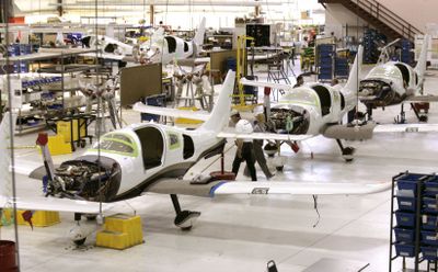 Planes are lined up for the finishing touches at the Cessna manufacturing plant in Bend, Ore., in May 2008. Cessna, the nation’s largest builder of corporate jets, is laying off 2,300 workers and closing the Bend plant  amid declining plane orders.  (File Associated Press / The Spokesman-Review)