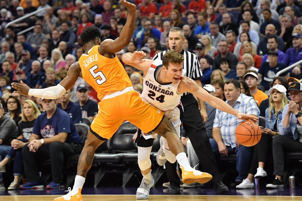Gonzaga wing Corey Kispert drives against Tennessee’s Admiral Schofield in the first half Sunday. (Tyler Tjomsland / The Spokesman-Review)