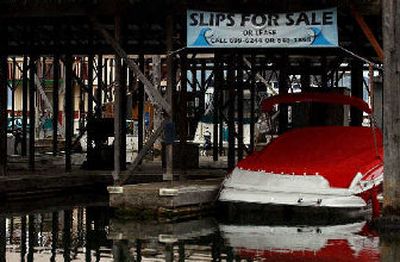 
A boat is docked under a 