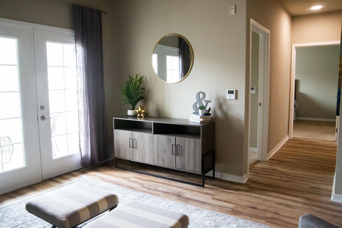 A staged two bed, two bath apartment is seen during a grand opening tour of the Salish Flats apartment complex in Airway Heights, Wash. on Sept. 30, 2019. The unit is 1,079 square feet. (Libby Kamrowski / The Spokesman-Review)