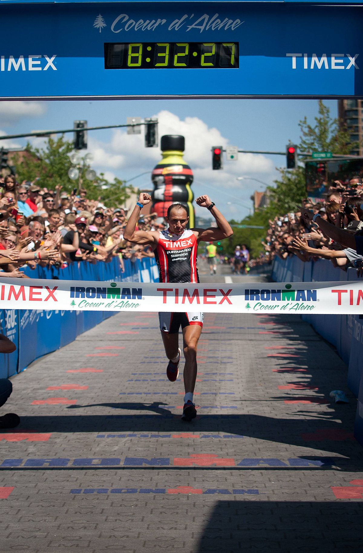 Viktor Zyemtsev approaches the finish line as he wins Ironman Coeur d