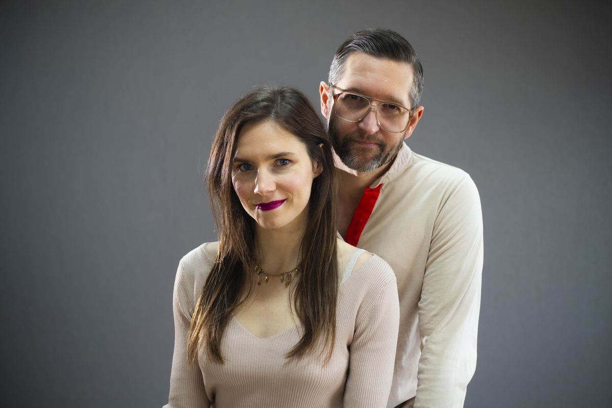 Amanda Knox, who in 2015 was exonerated by Italy’s highest court after being wrongfully convicted of murder, now co-hosts the podcast “Labyrinths: Getting Lost With Amanda Knox,” with her husband, Christopher Robinson.  (Courtesy of Amanda Knox)