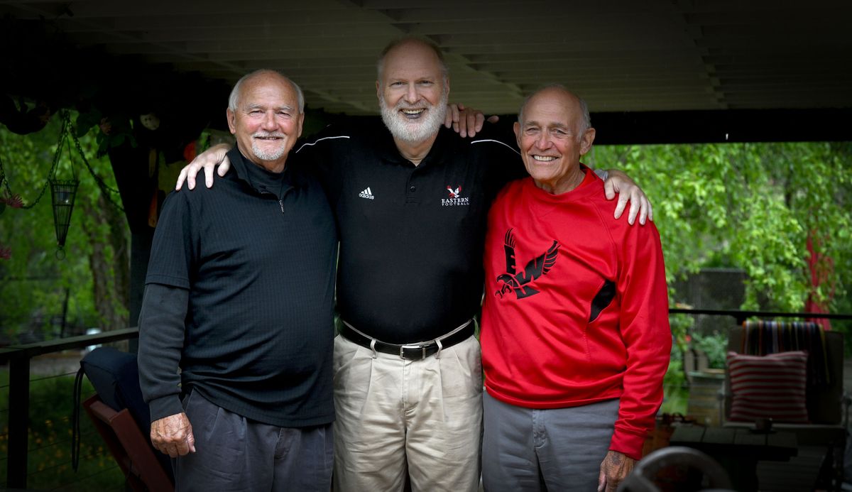 Eastern Washington University radio broadcaster Larry Weir, center, had a massive heart attack on the golf course last week. His playing partners, Gary Greenslit, left, and Curly Rousseau, performed CPR until an ambulance arrived. The trio reunited at Rousseau’s home this week in Spokane Valley.  (Kathy Plonka/The Spokesman-Revie)
