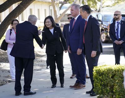 Taiwanese President Tsai Ing-wen, second left, greets Speaker of the House Kevin McCarthy (R-Calif.) and others as she arrives for a meeting at the Ronald Reagan Presidential Library in Simi Valley, California.    (Jabin Botsford/The Washington Post)