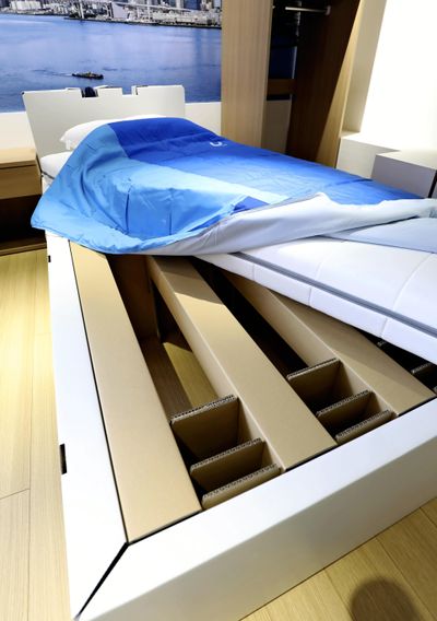 A cardboard bed used at the Tokyo Olympic and Paralympic athletes village.  (Japan News-Yomiuri)