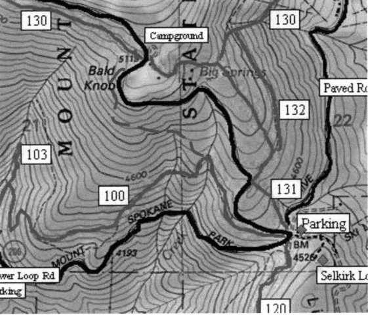 A winter trail is marked (flagged) from Mount Spokane Trail 100 up to Bald Knob (dashed line on map). The route is approximate – and goes cross country.  (Warren D. Walker)