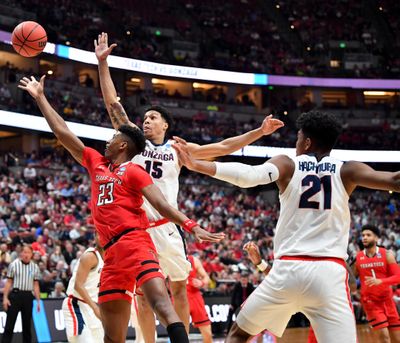 Texas Tech Red Raiders guard Jarrett Culver (23) lays in the ball against Gonzaga during the first half of an NCAA Elite Eight basketball game on Saturday, March 30, 2019, at the Honda Center in Anaheim, Calif. (Tyler Tjomsland / The Spokesman-Review)