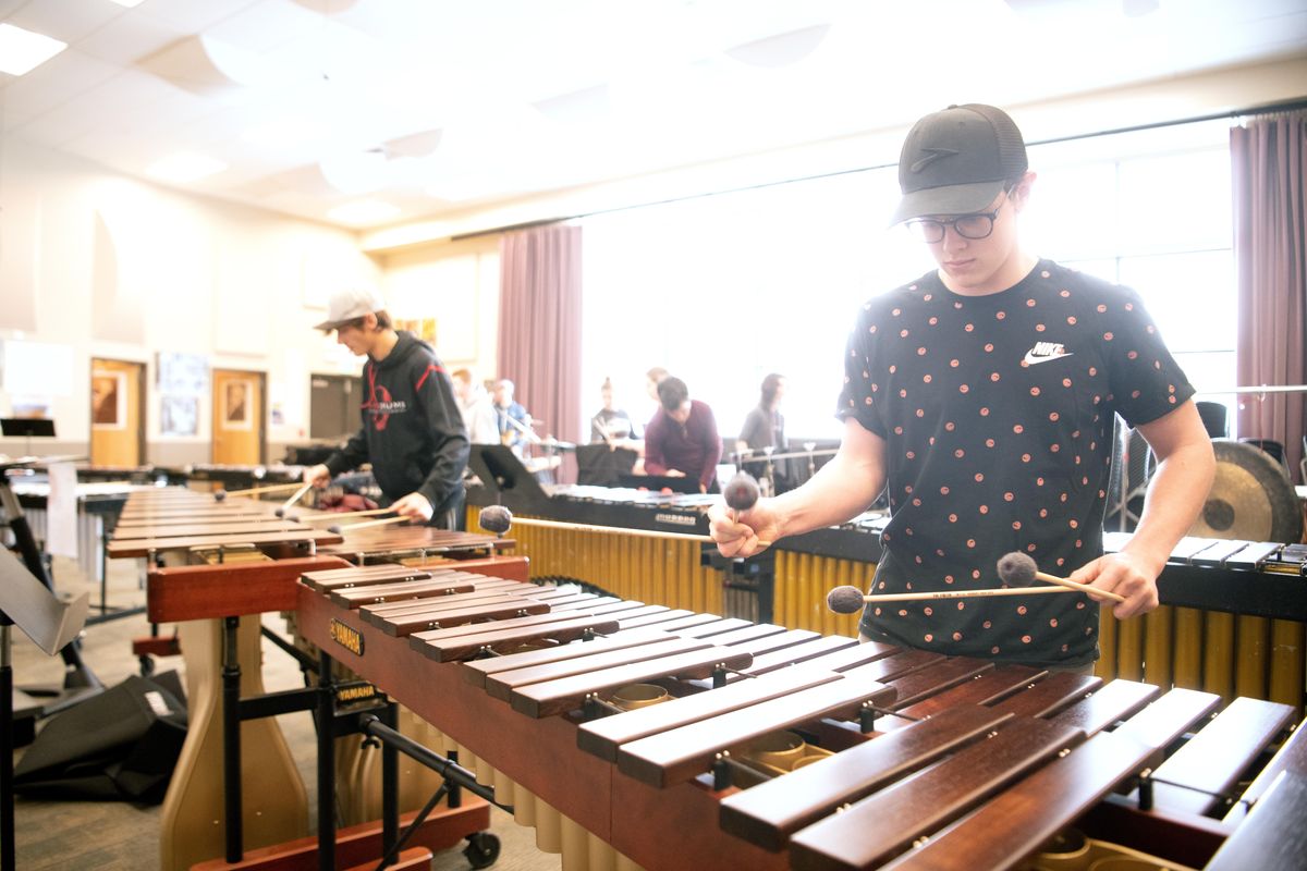 Bridger Pannell, right, and Leo Cox work on their marimba duet “Catching Shadows” on Thursday, Jan. 31, 2019 at Ferris High School. The first five-octave rosewood marimba was obtained through a fundraising campaign and the second through a single anonymous donation. They cost approximately $15,000 each. (Jesse Tinsley / The Spokesman-Review)