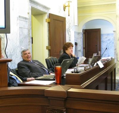 Temporary Sen. Darrell Kerby, R-Bonners Ferry, center, made the budget motion for the lieutenant governor's office on Wednesday morning in JFAC; it passed unanimously. At right is Sen. Joyce Broadsword, R-Sagle, who also worked on the budget. (Betsy Russell)