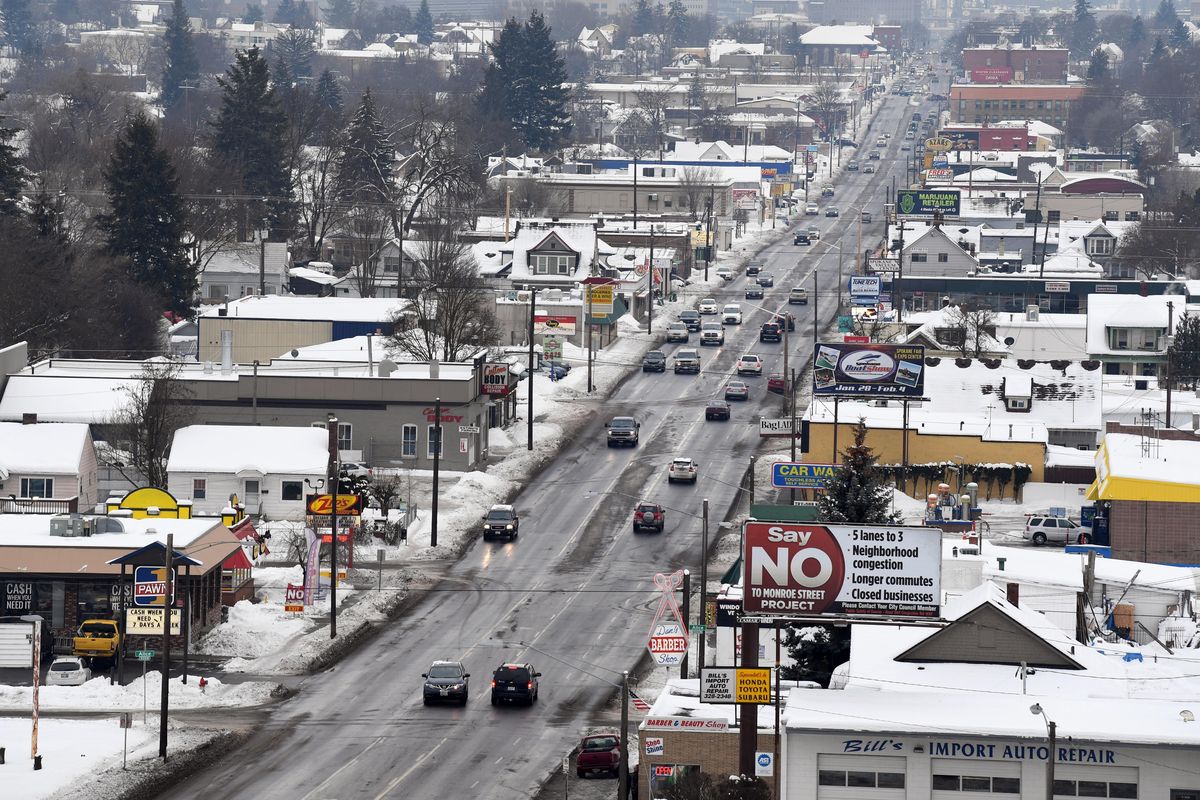 North Monroe Street from Indiana to the hill leading up to the Garland District, shown Tuesday, Jan. 17, 2017. This year, the city plans to reduce Monroe’s lanes from five to three between Northwest Boulevard to the North Hill, construct more visible crosswalks and make the business center’s sidewalks wider with more trees and benches. (Jesse Tinsley / The Spokesman-Review)