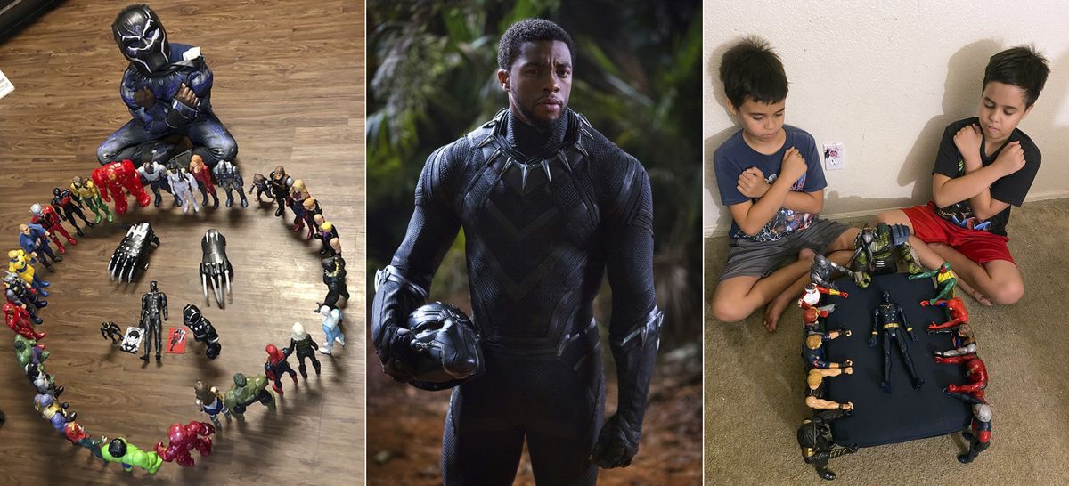 This combination photo shows, from left, Gavyn Batiste, 7, dressed as Black Panther and surrounded by action figures in Lafayette, La., on Sunday; actor Chadwick Boseman in character as T’Challa in “Black Panther;” and 10-year-old twins Lenny, left, and Bobby Homes paying tribute to Boseman at their home in Mesa, Ariz. on Sunday. Boseman died of colon cancer on Friday at age 43.  (HONS)