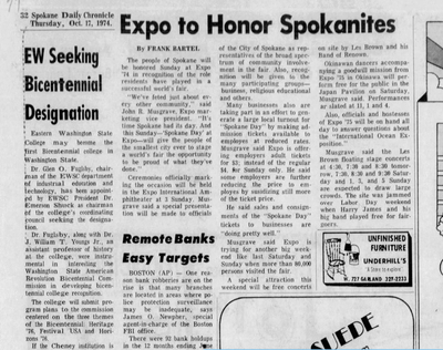 The people of Spokane were to be honored with “Spokane Day” at Expo ‘74, the Spokane Daily Chronicle reported on Oct. 17, 1974.  (Spokesman-Review archives)