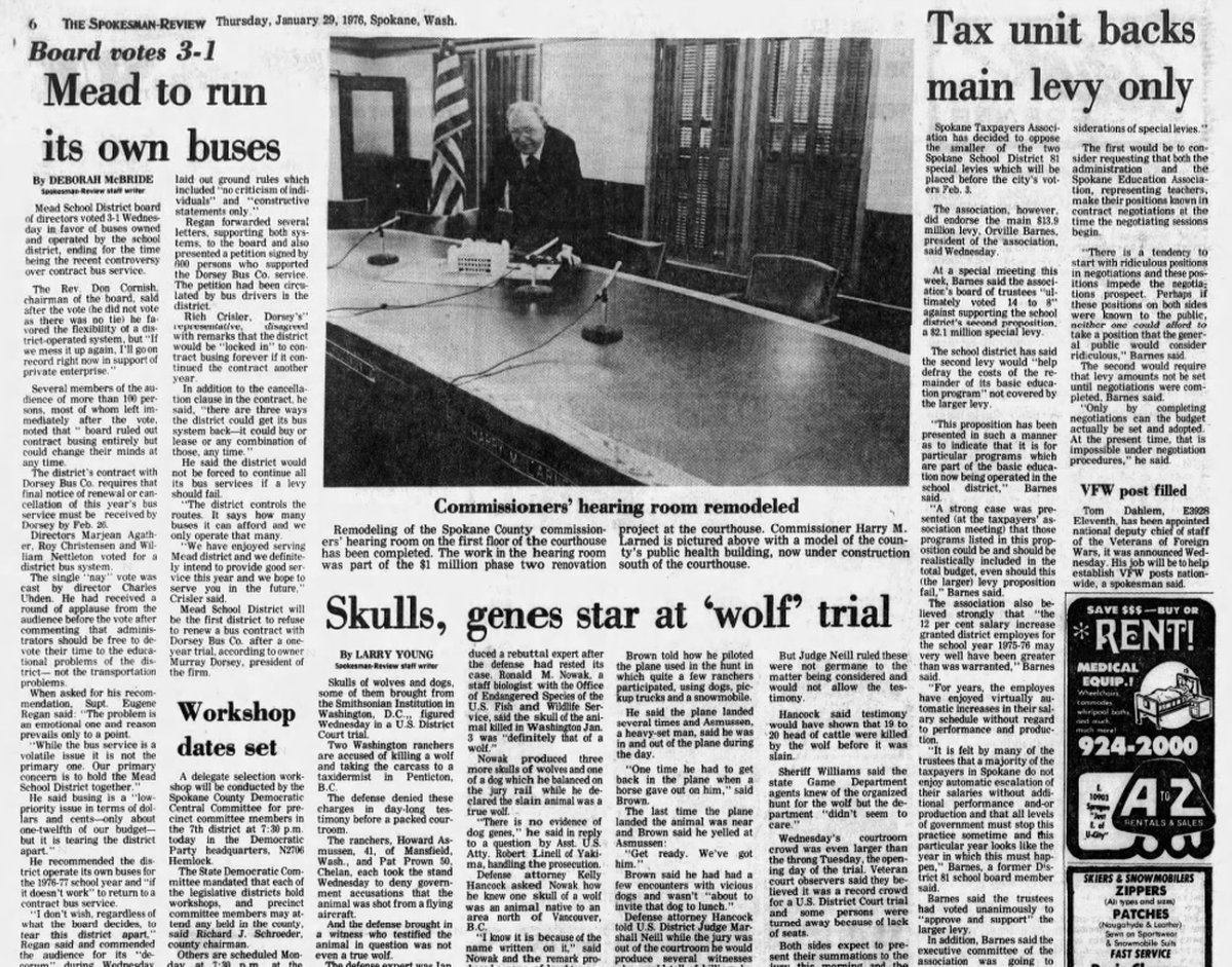 Two ranchers accused of shooting a wolf from an airplane were on trial in Spokane, The Spokesman-Review reported on Jan. 29, 1976. (Spokesman-Review)