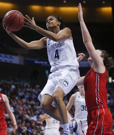 Connecticut guard Moriah Jefferson gets to the basket during first-half action. (Associated Press)
