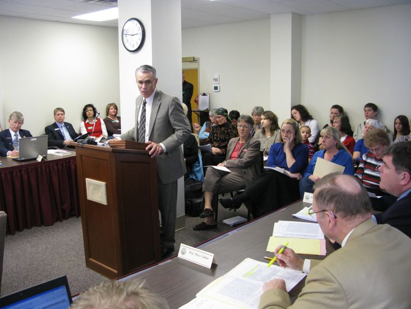 Sen. Tim Corder, R-Mountain Home, presents the day care licensing bill to the House Health & Welfare Committee on Thursday. (Betsy Russell / The Spokesman-Review)