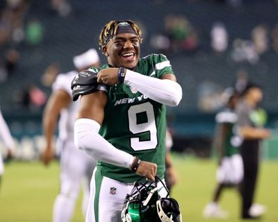 New York Jets WR Calvin Jackson (9) laughs as he walks off the field following the preseason game against the Philadelphia Eagles at Lincoln Financial Field, Friday, Aug. 12, 2022. The Jets won, 24-21.  (Tribune News Service)
