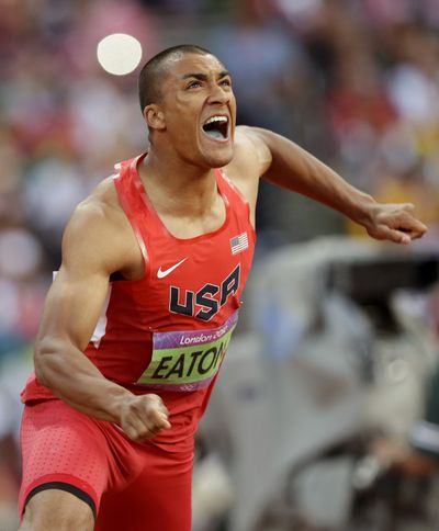 Ashton Eaton of Eugene, Ore., won the gold medal in the decathlon with 8,869 points without breaking his world record of 9,039. (Associated Press)