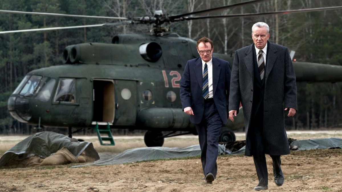 Valery Legasov (Jared Harris) and Boris Shcherbina (Stellan Skarsgard) land outside Chernobyl on their way to investigate the damage at the power plant in the Soviet Union in the 2019 HBO miniseries "Chernobyl."  (HBO)