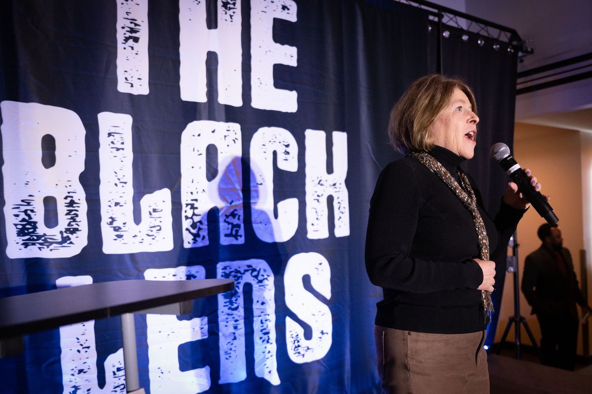 New Spokane Mayor Lisa Brown speaks to the crowd gathered at the relaunch party for The Black Lens newspaper Friday, Feb. 2, 2024, at The Steam Plant. (COLIN MULVANY/THE SPOKESMAN-REVIEW)