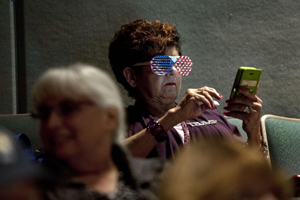 “I’m a Trumper,” said Anita Warren of Coeur d’Alene during the town hall meeting at Lake City High School in Coeur d’Alene with U.S. Rep. Raul Labrador on Friday, May 5, 2017. (Kathy Plonka / The Spokesman-Review)