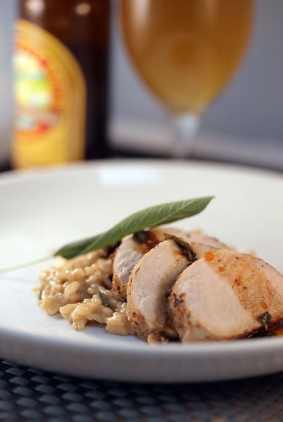 Beer-glazed pork tenderloin with Michigan cherry risotto makes an elegant fall dinner-party meal.
