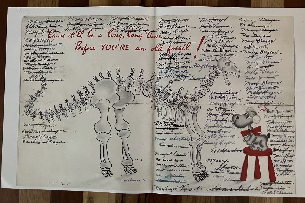 The birthday card Pat DeReamer and Mary Kroger have been exchanging since 1944, shown in 2002.