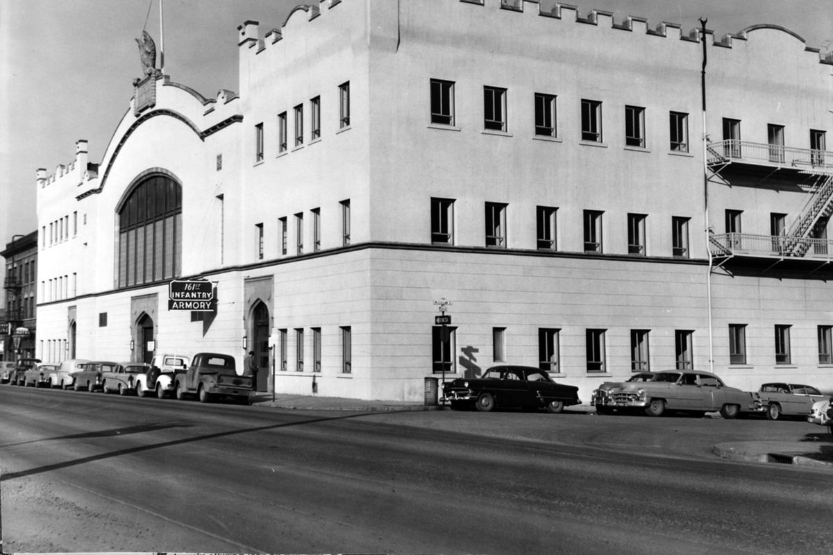 1957: Reconstruction of the 161st Infantry Regiment armory had been completed. Exterior changes included a tan stucco finish, aluminum windows and steel rolling doors. (Photo archive)